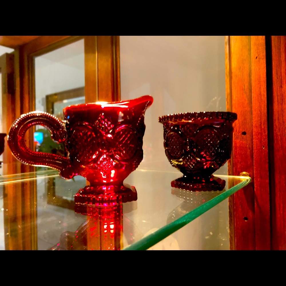 Red Avon Cape Cod sugar and creamer set